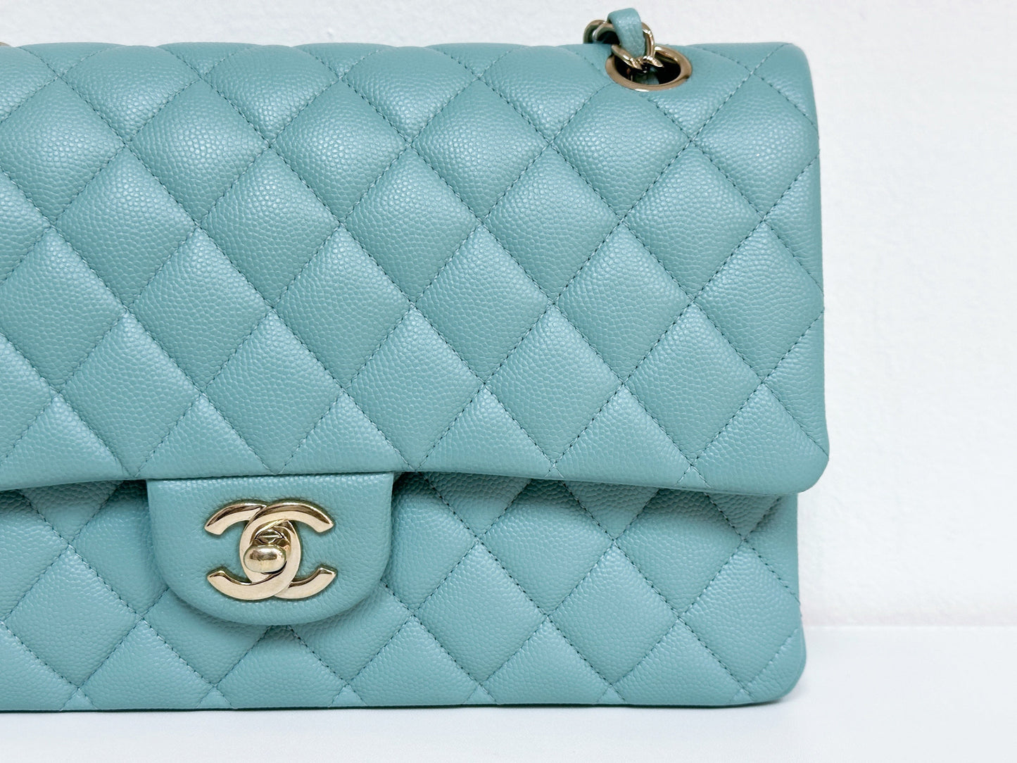 Chanel Classic Flap Medium 20C Tiffany Blue Caviar Light Gold Hardware 2943 holo card