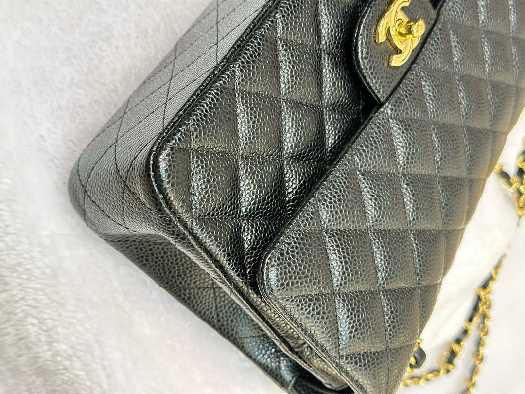 Chanel Medium Classic Quilted Caviar Double Flap Black GHW 2790 holo card