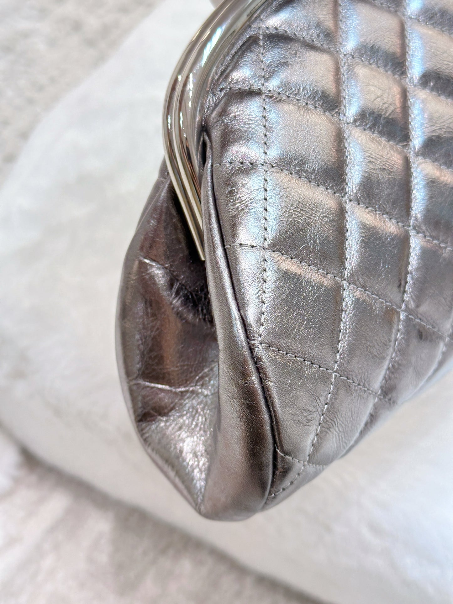 CHANEL Metallic Aged Calfskin Quilted Timeless Clutch Silver