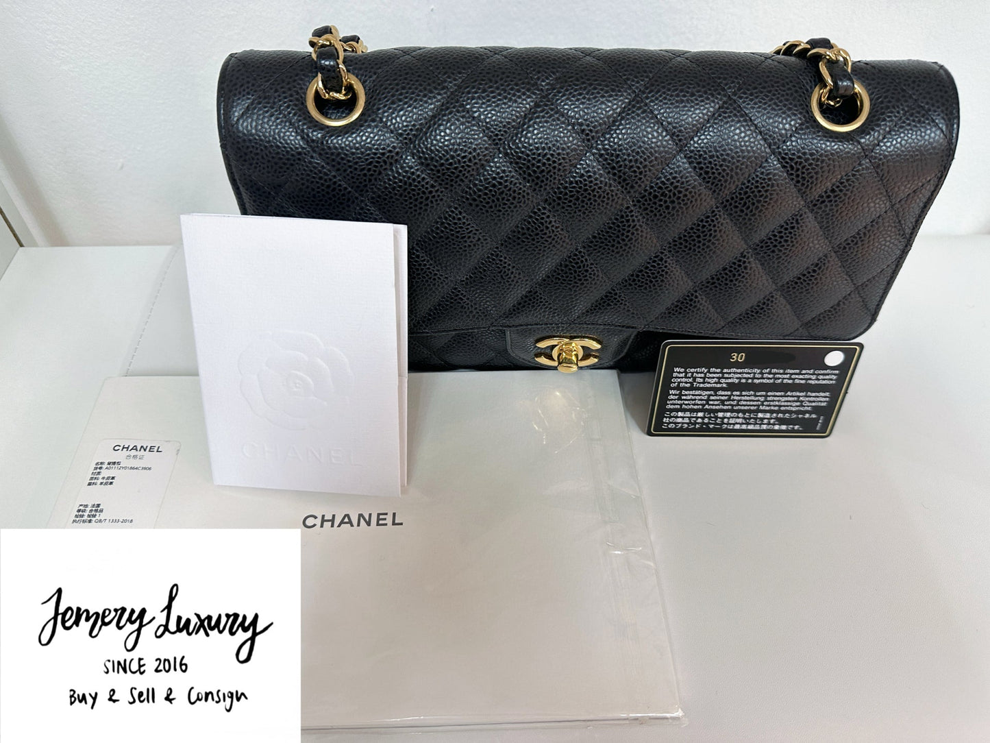 Chanel Medium Size Classic Quilted Caviar Double Flap Bag Black 3022 holo card