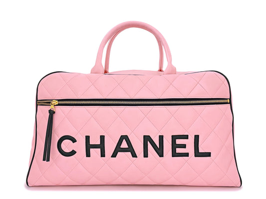 Chanel 1995 Vintage Pink XL Large Duffle Bowler Lettered Logo Bag 2B6