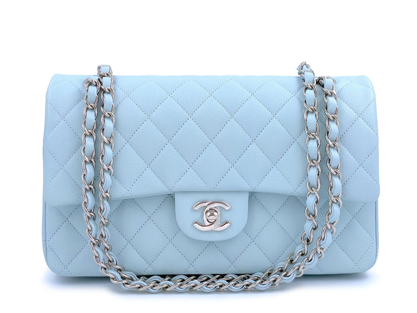 NIB 21K Chanel Light Pale Blue Caviar Classic Medium Double Flap Bag SHW