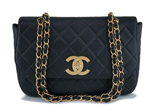 Rare Chanel Vintage Black Caviar Flap with Classic Jumbo CCs Bag GHW