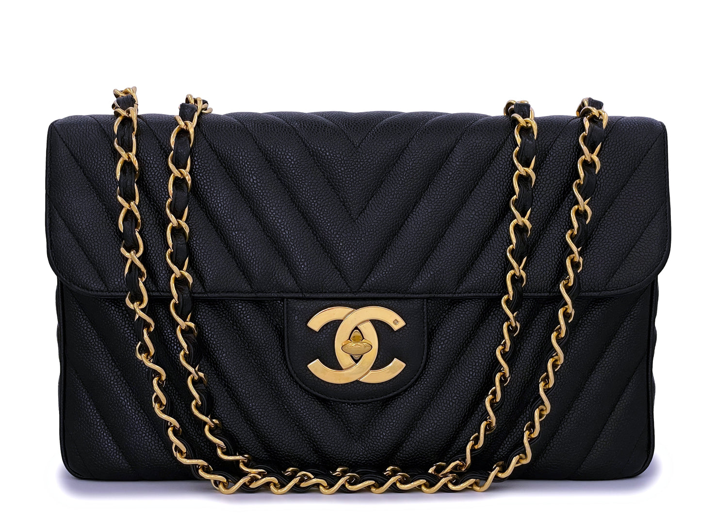 Chanel Vintage Caviar Maxi "Jumbo XL" Chevron Classic Flap Bag 24k GHW