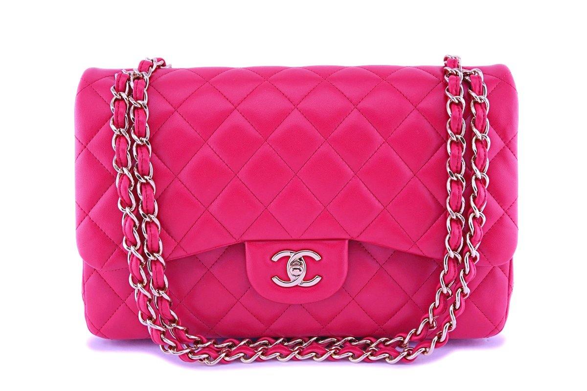 Chanel Fuchsia Pink Lambskin Jumbo Classic Double Flap Bag GHW