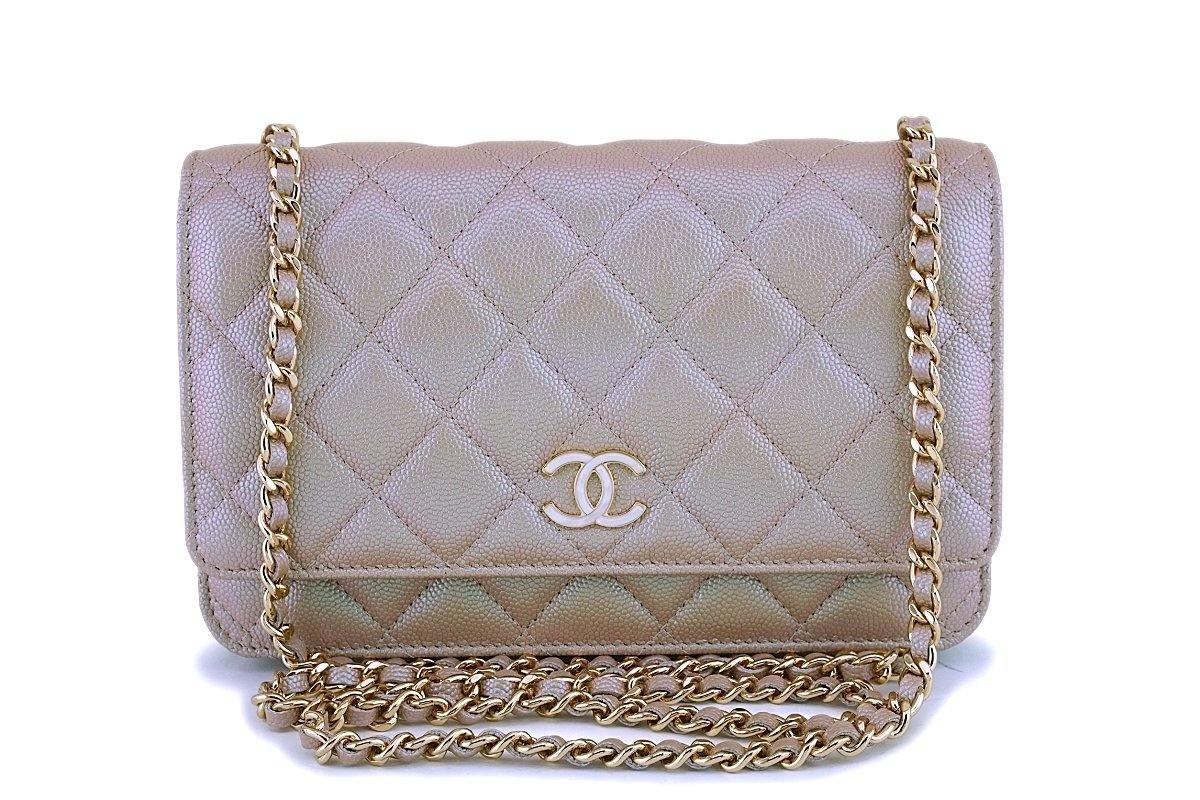 19S Chanel Iridescent Taupe Beige Rose Gold Pearly CC Wallet on Chain WOC Flap Bag