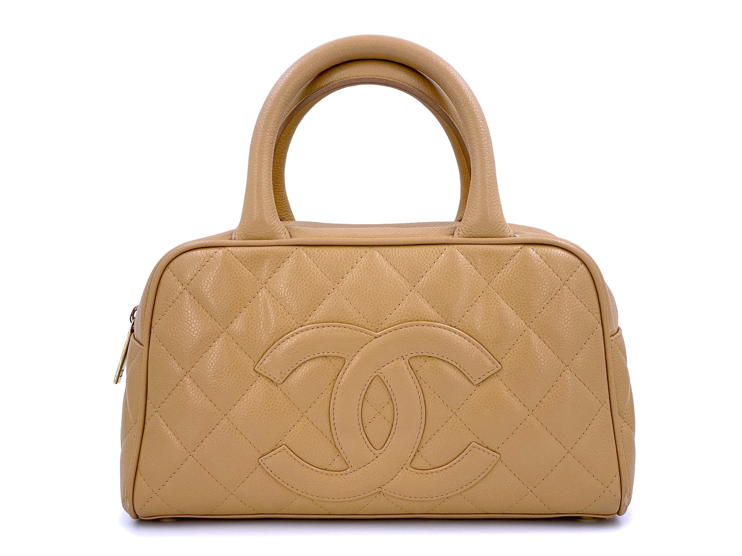 Chanel Camel Beige Caviar Quilted Small Mini Bowler Bag