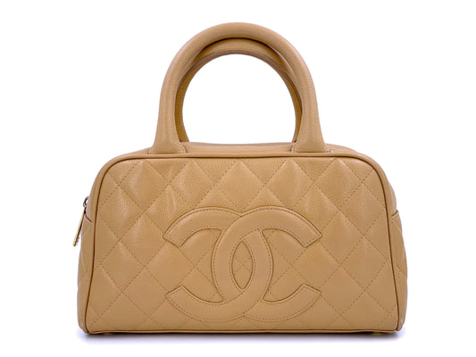 Chanel Camel Beige Caviar Quilted Small Mini Bowler Bag