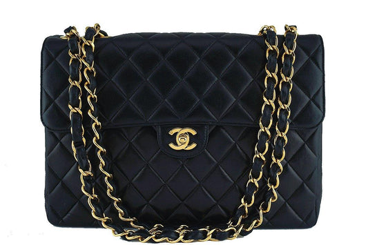 Chanel Black Lambskin Jumbo Quilted Classic 2.55 Flap Bag 24k Gold Plated 9TC