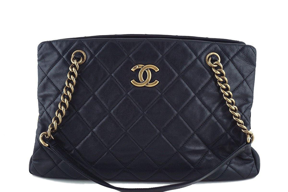 Chanel Black Classic CC Quilted Shopping Tote GST Bag