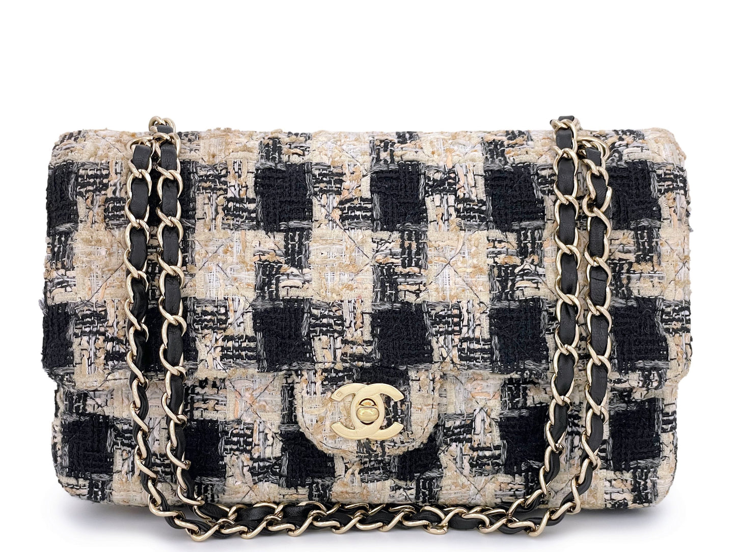 Chanel 2004 Vintage Tweed Classic Double Flap Bag Cream Beige Black 24k GHW