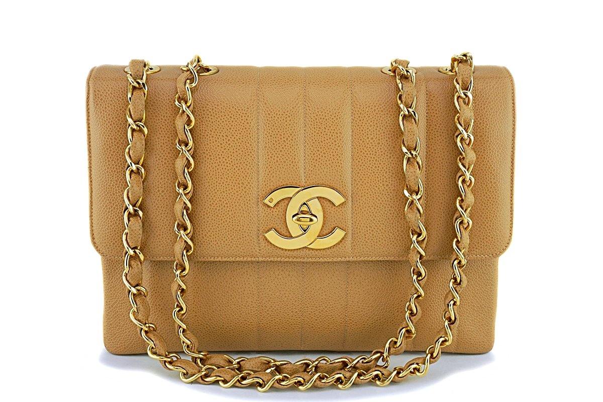 Chanel Vintage Beige Caviar Jumbo Classic Mademoiselle Flap Bag 24k GHW