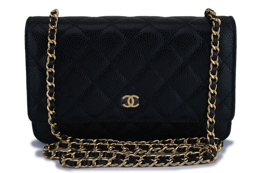 New Chanel Black Caviar Classic Quilted WOC Wallet on Chain Flap Bag GHW