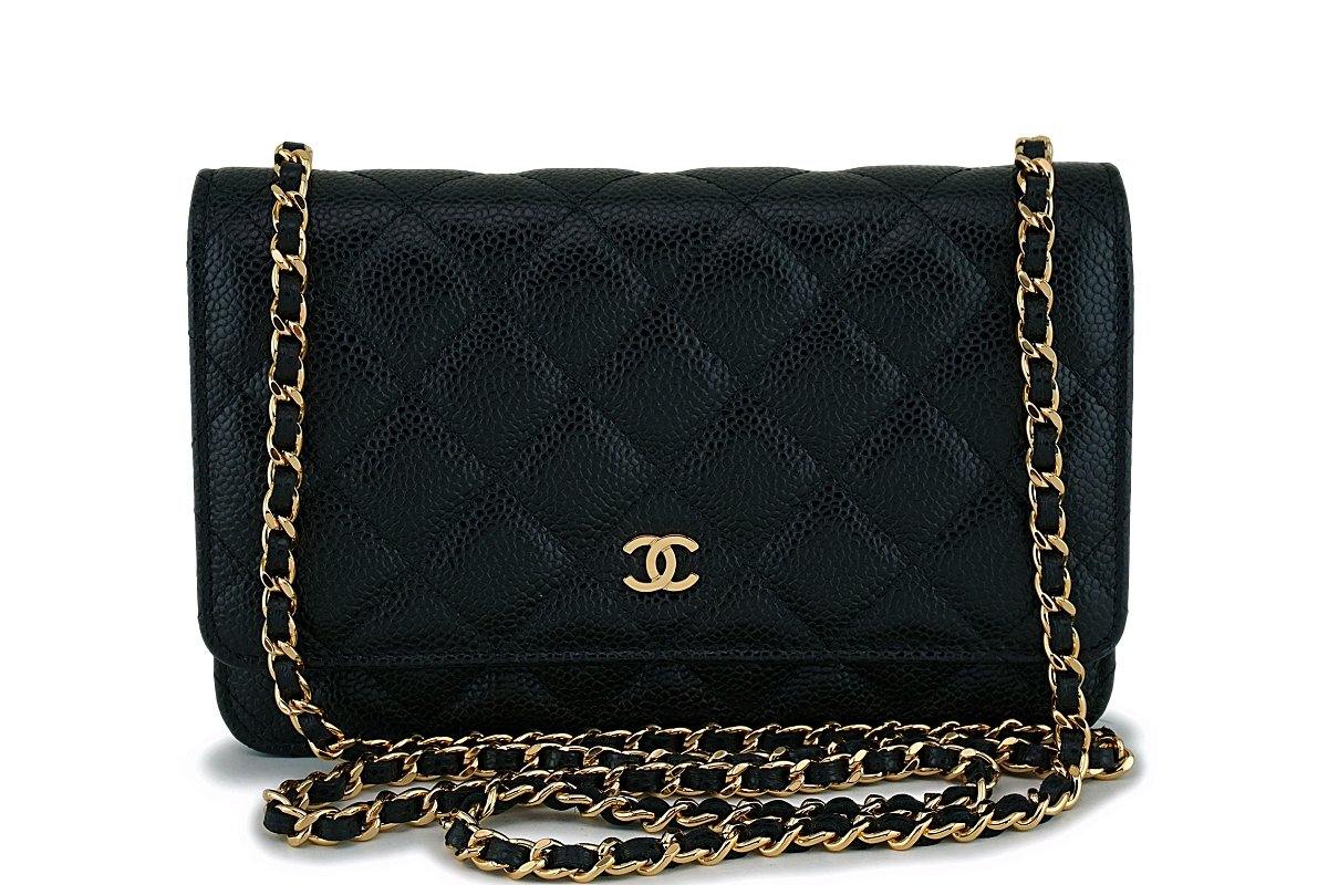 NIB Chanel Black Caviar Classic Wallet on Chain WOC Flap Bag GHW