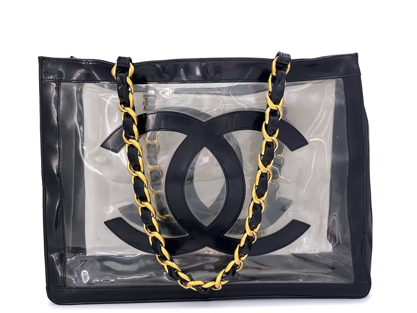 Chanel Vintage Clear Black Patent PVC Chunky Chain Tote Bag 24k GHW