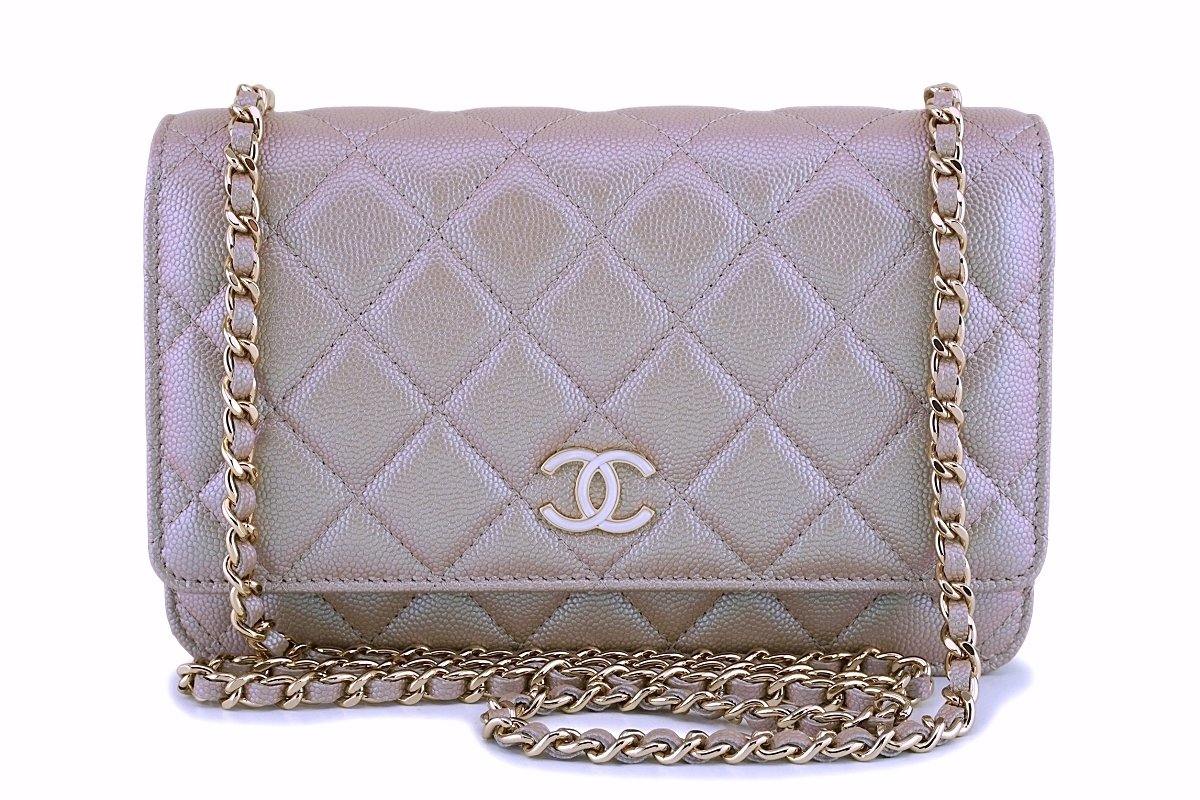 NIB 19S Chanel Iridescent Taupe Beige Rose Gold Pearly CC Wallet on Chain WOC Flap Bag