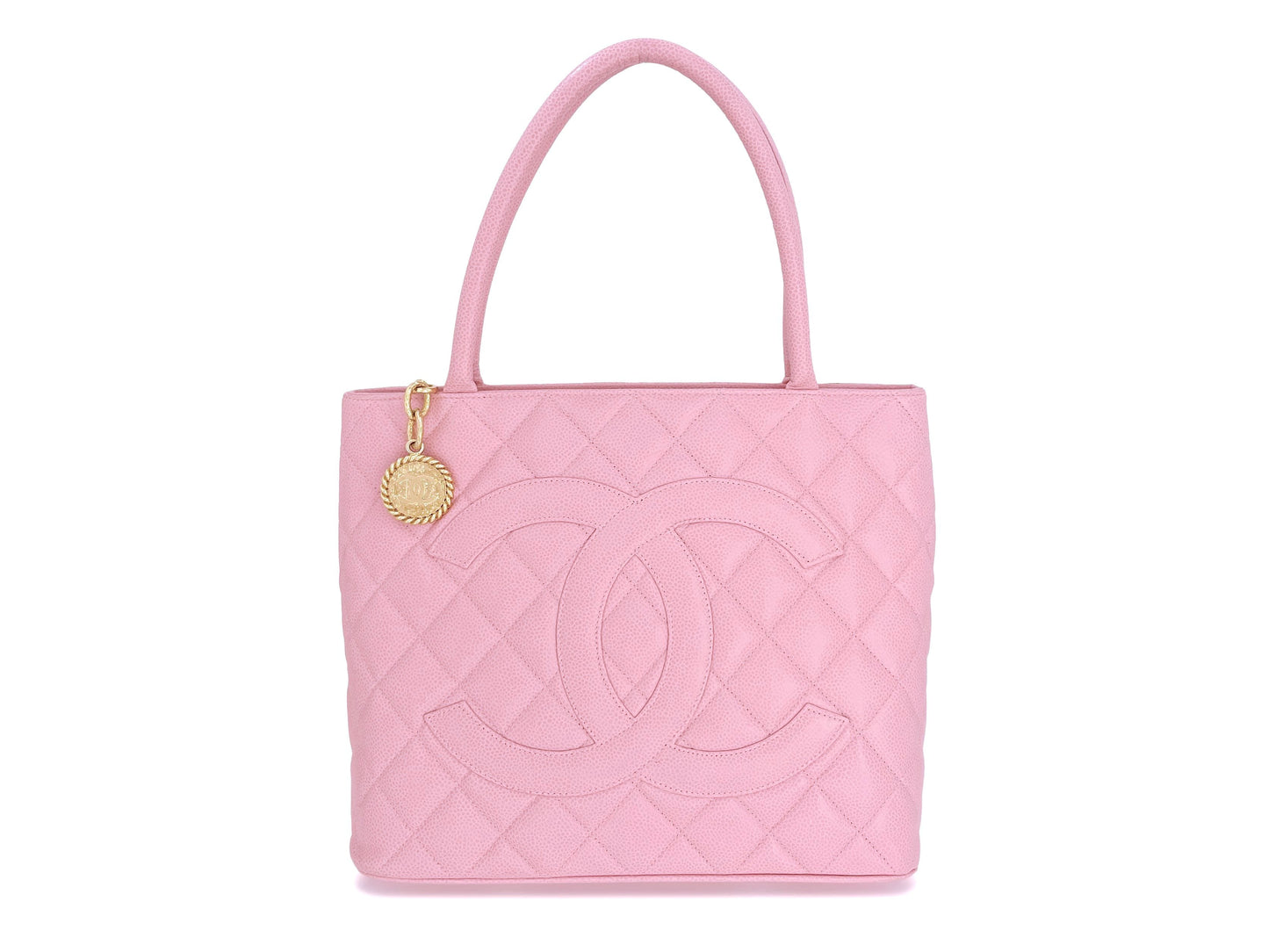 Pristine Chanel Vintage Rose Sakura Pink Caviar Medallion Shopper Tote Bag 24k GHW