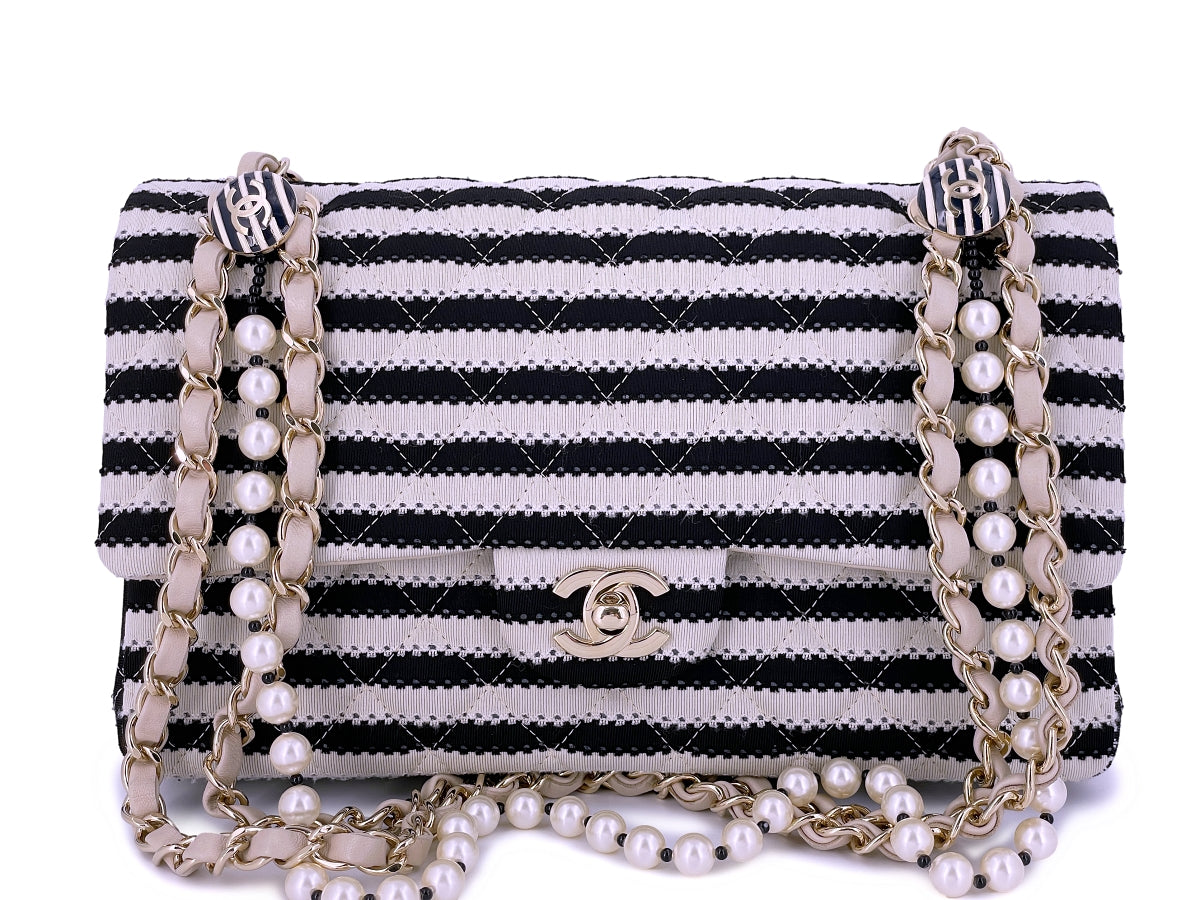 Chanel Beige-Black Coco Sailor Pearls Medium Classic Flap Bag GHW
