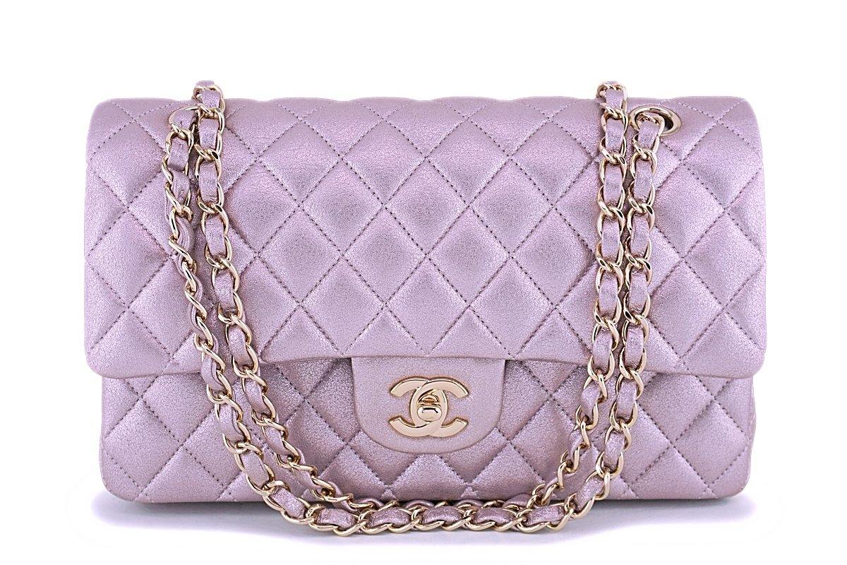 Rare Chanel 14B Rose Gold Metallic Pink Goatskin Classic Double Flap Bag