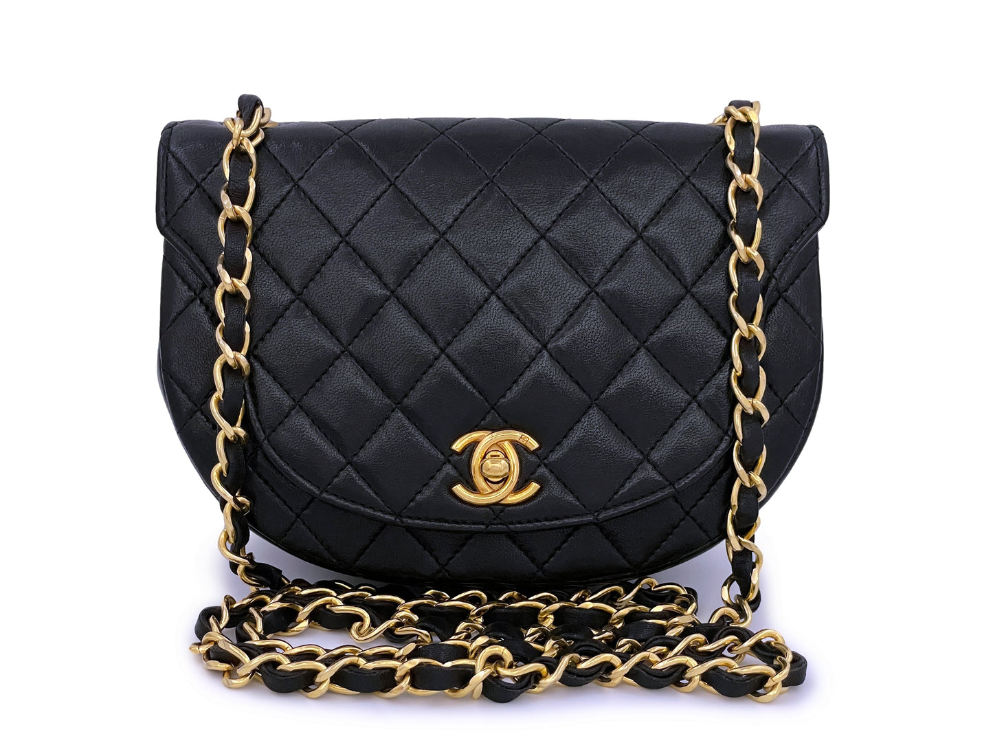 Pristine Chanel 1990 Vintage Black Half Moon Mini Flap Bag 24k GHW J3F