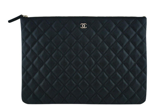 17S Chanel Black Caviar Classic Quilted O Case Clutch Purse Bag Large GHW