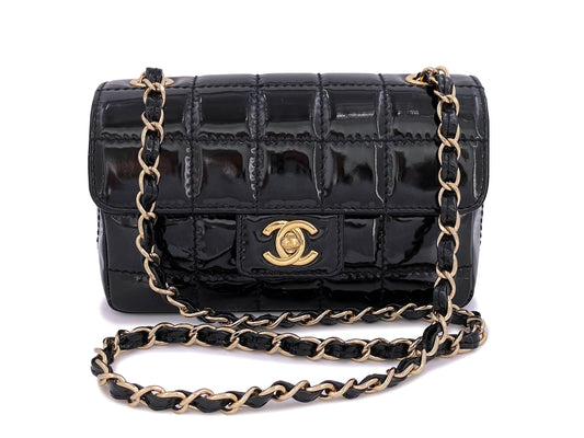 Chanel Vintage Black Patent Extra Mini Flap Bag 24k GHW Chocolate Bar