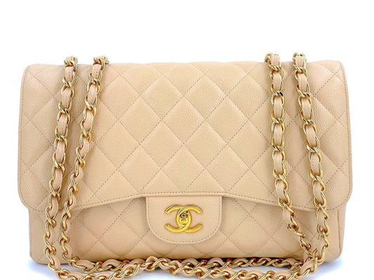 Chanel Beige Clair Caviar Jumbo Classic Flap Bag GHW