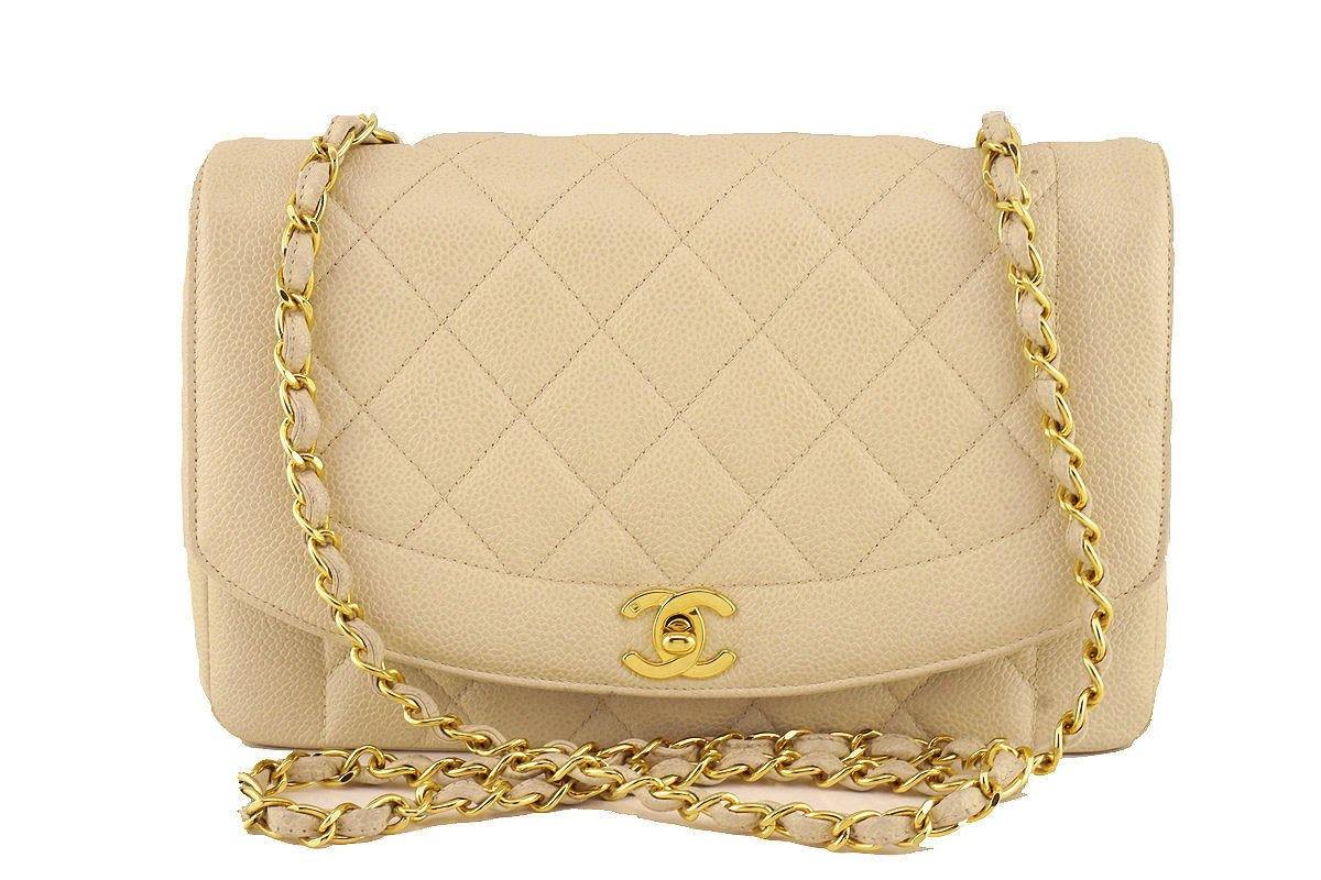 Chanel Light Beige Caviar Vintage Quilted Classic "Diana" Flap Bag
