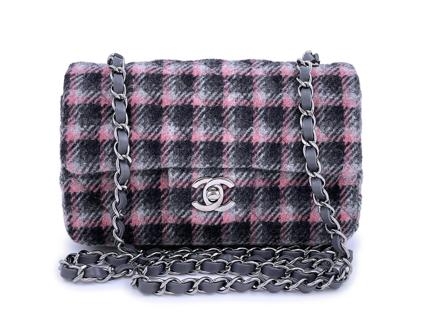 NIB 21B Chanel Rectangular Mini Classic Flap Bag Black/Pink/Gray Tweed Wool SHW
