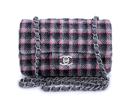 NIB 21B Chanel Rectangular Mini Classic Flap Bag Black/Pink/Gray Tweed Wool SHW