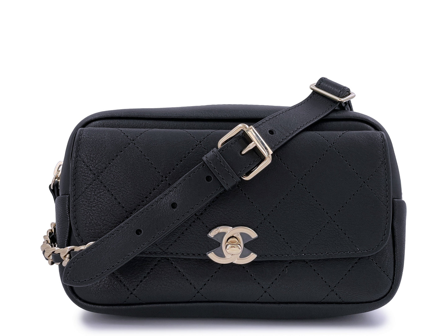 NIB 19B Chanel Black Waist Belt Bag Fanny Pack GHW
