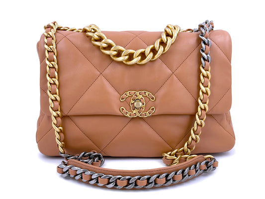 NIB 21K Chanel 19 Caramel Beige Brown Medium Flap Bag