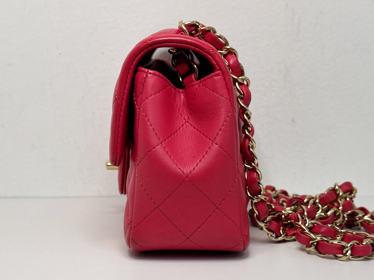 CHANEL Lambskin Quilted Mini Rectangular Flap Red 2491 holo card