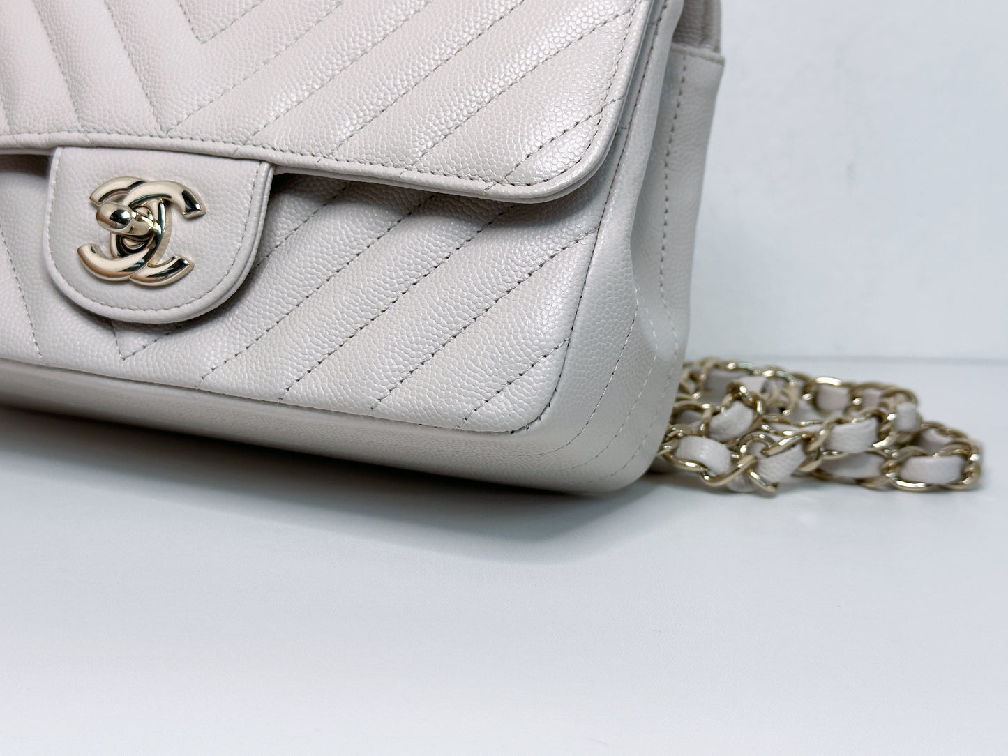 Chanel Mini Rectangle Chevron Blush Hue Light Beige Flap Bag LGHW