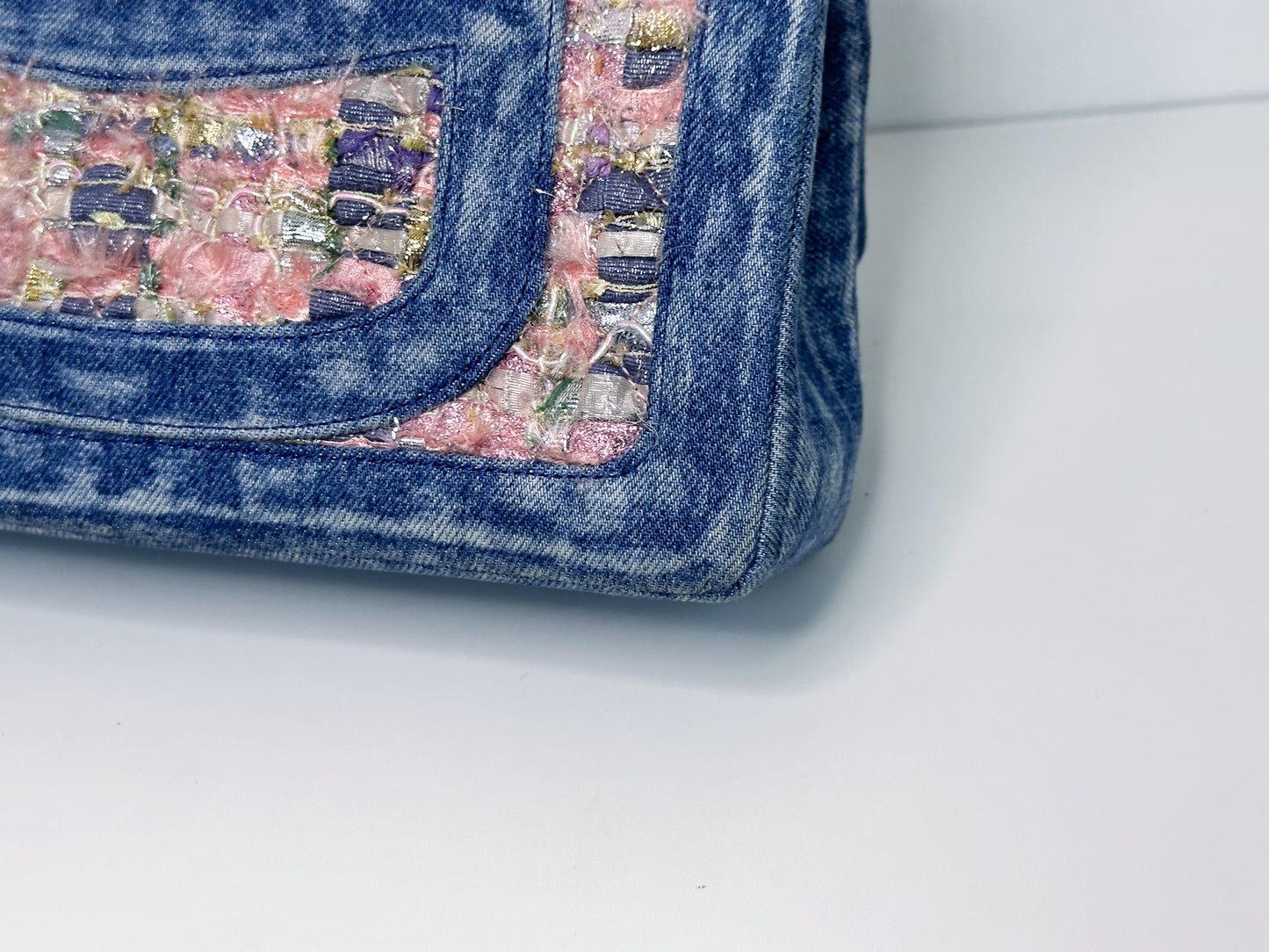 Chanel Pink, Silver, and Gold Tweed and Denim Medium Classic Double Flap Gold Hardware, 2016