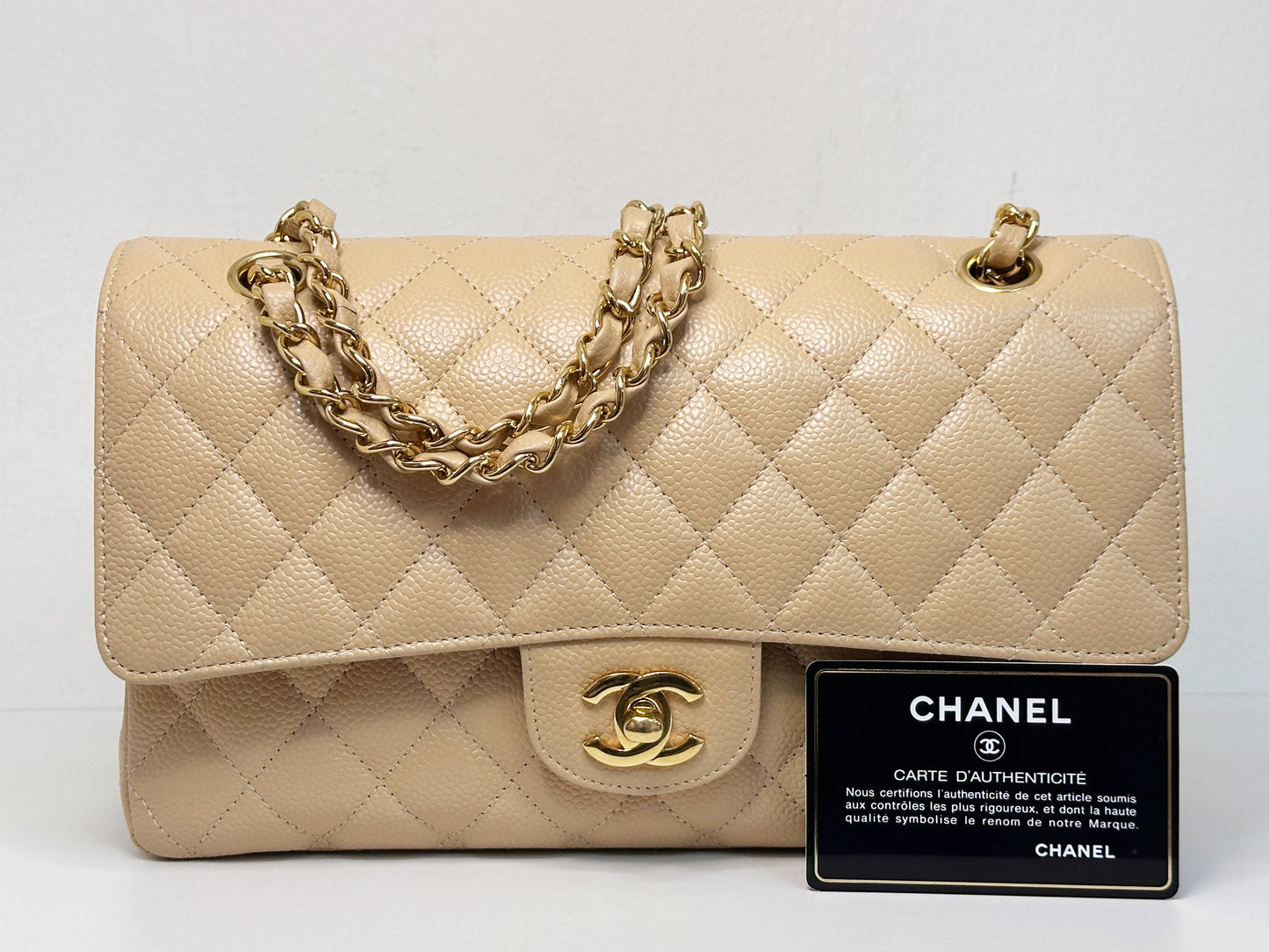 Chanel Medium Caviar Classic Double Flap Bag Beige 2552 holo card