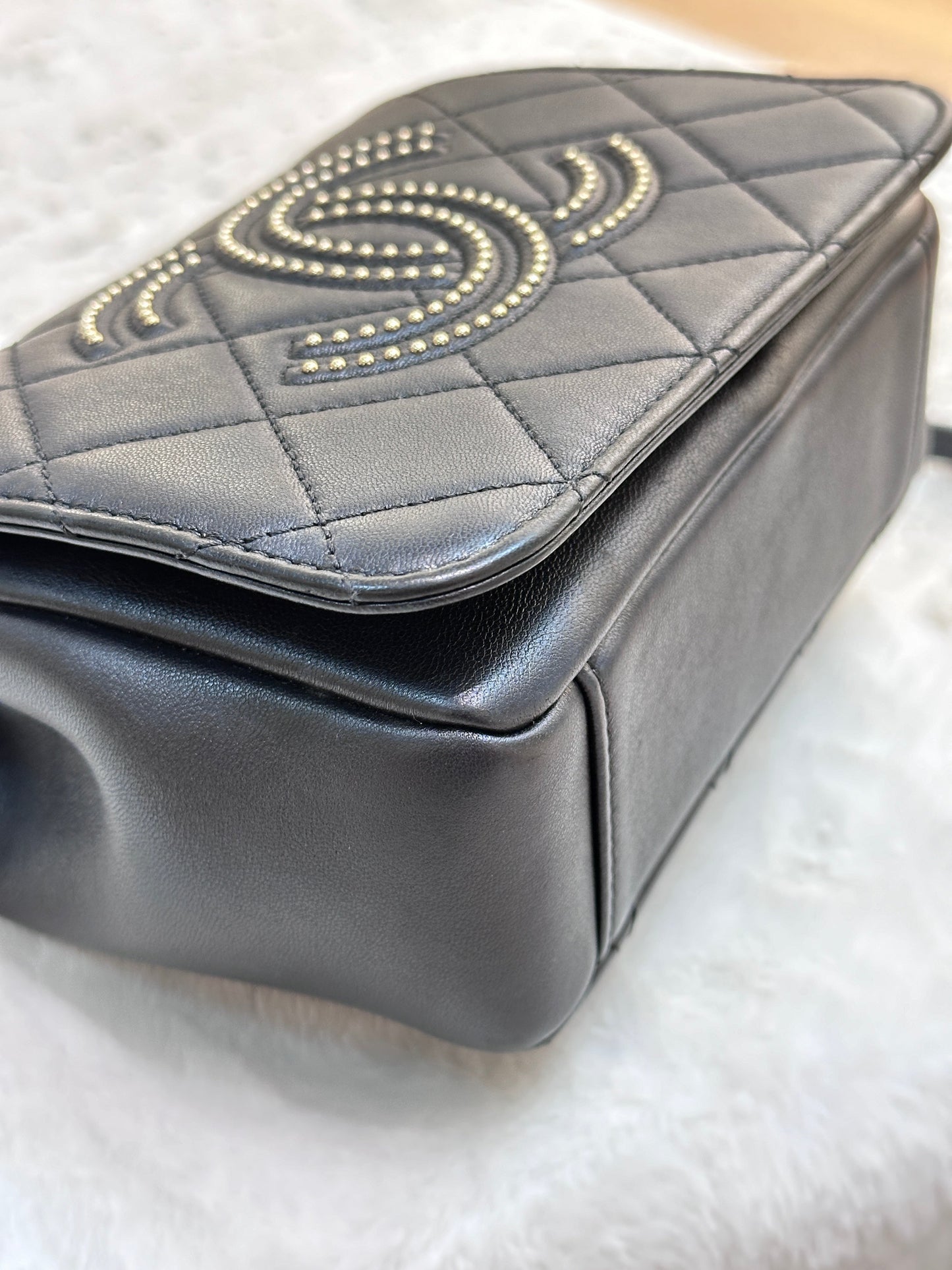 CHANEL Lambskin Quilted Studded Beauty Begins Flap Black