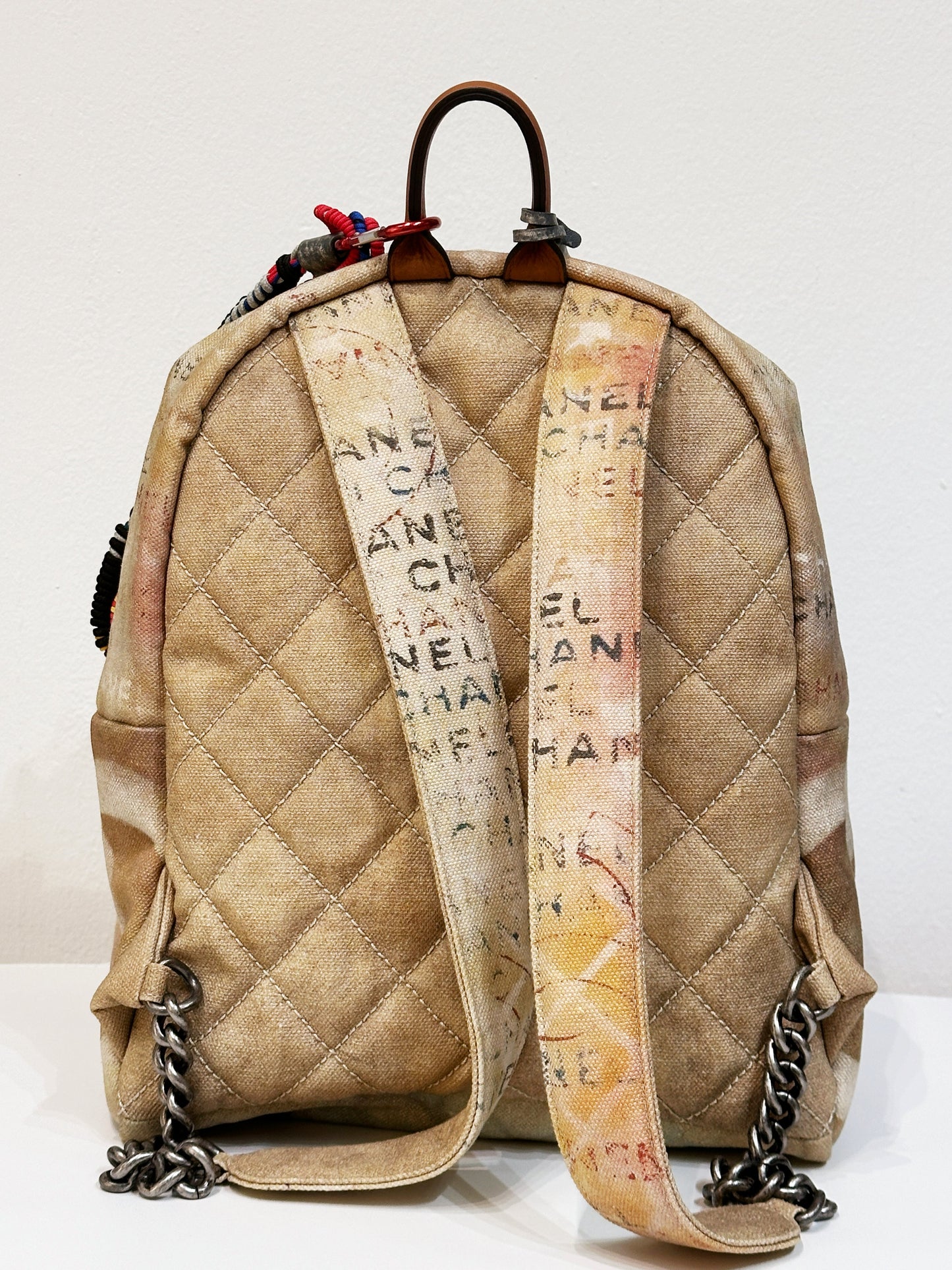 Chanel Graffiti Printed Canvas Medium Backpack Beige 1958 holo card