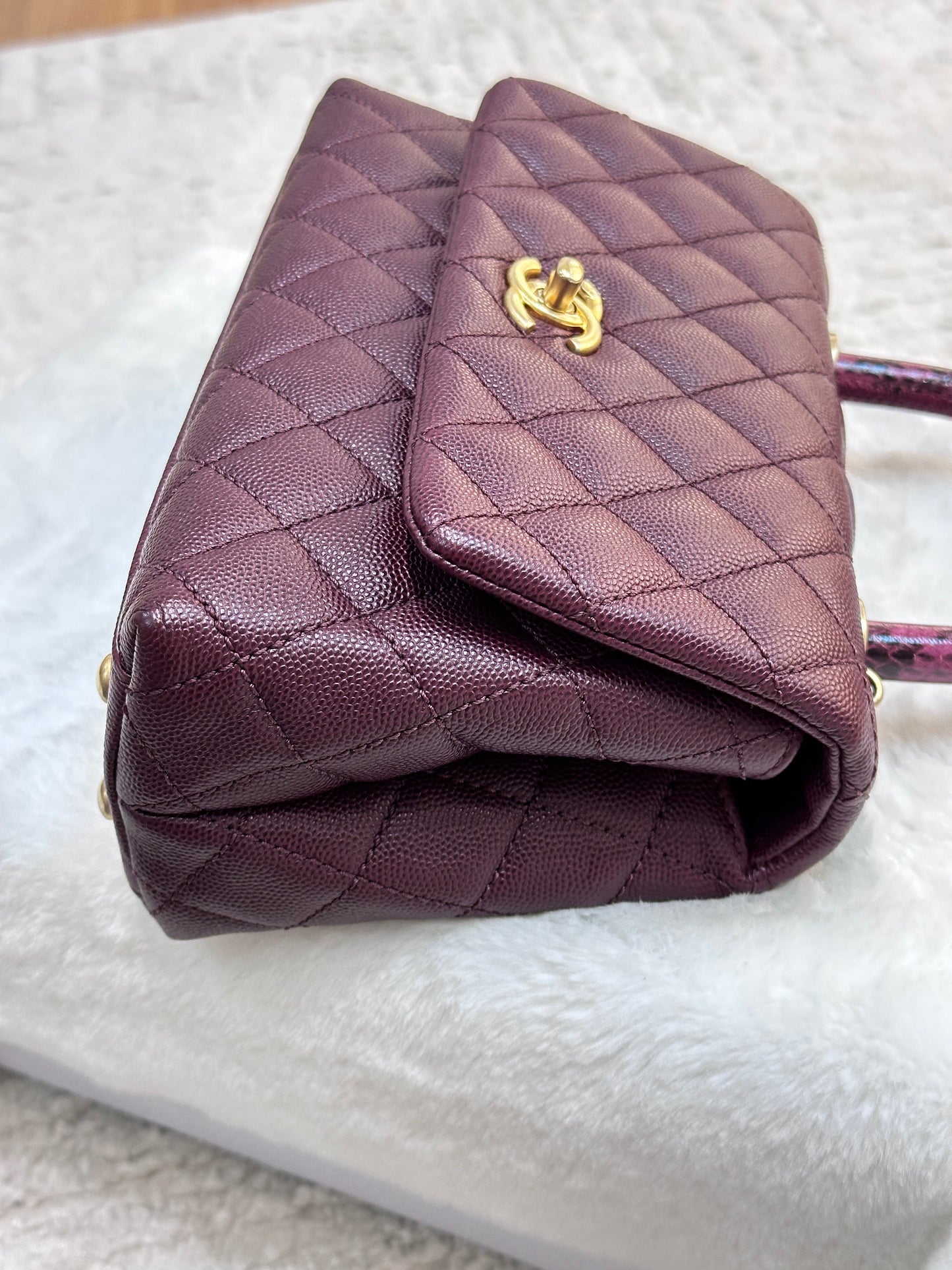 Chanel Small Coco Handle Elaphe Leather Handle Burgundy