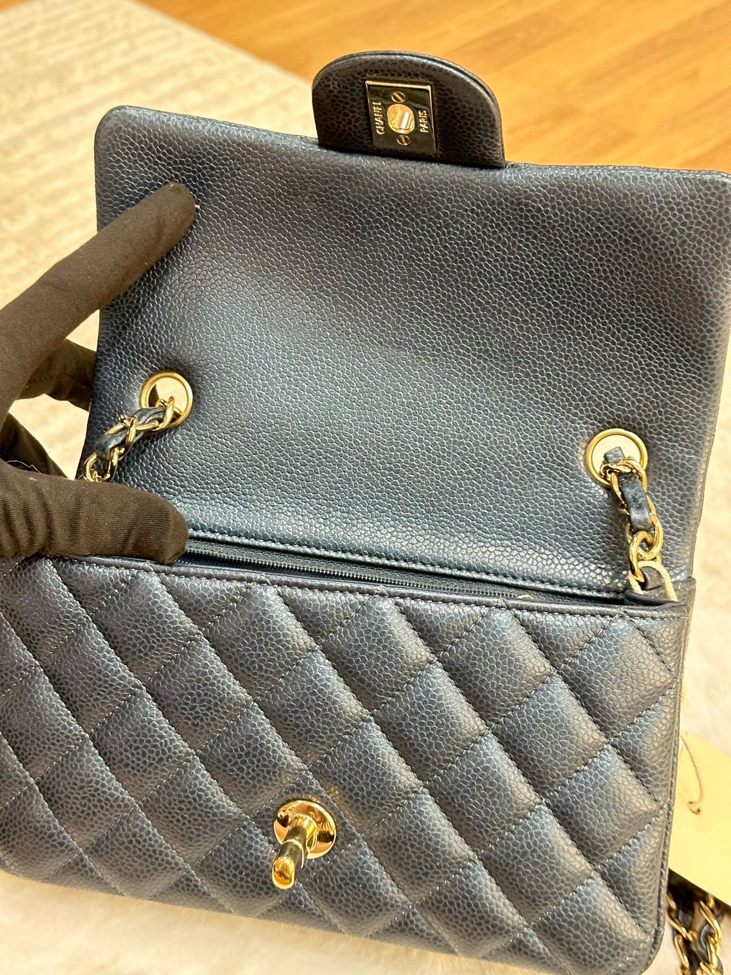 CHANEL Pearly Caviar Quilted Mini Rectangular Flap Navy Blue 18S