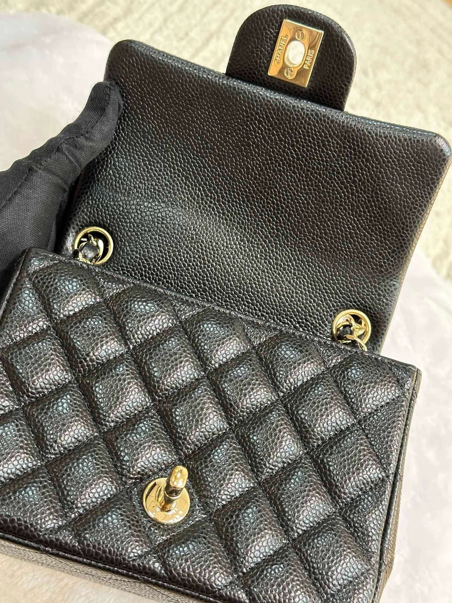 Chanel Mini Square Caviar Flap Bag Black GHW 25 holo card (Chain short than usual)