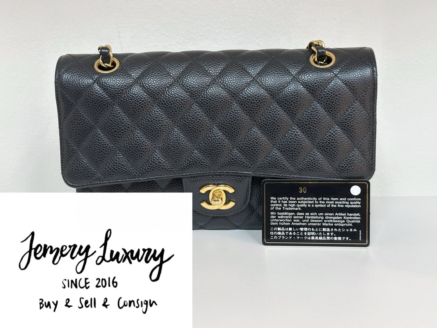 Chanel Medium Size Classic Quilted Caviar Double Flap Bag Black 3022 holo card