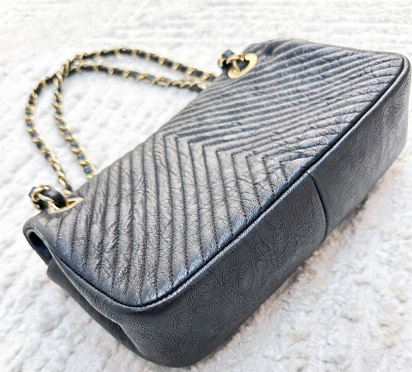 Chanel Black Chevron Leather Small Classic Flap Bag