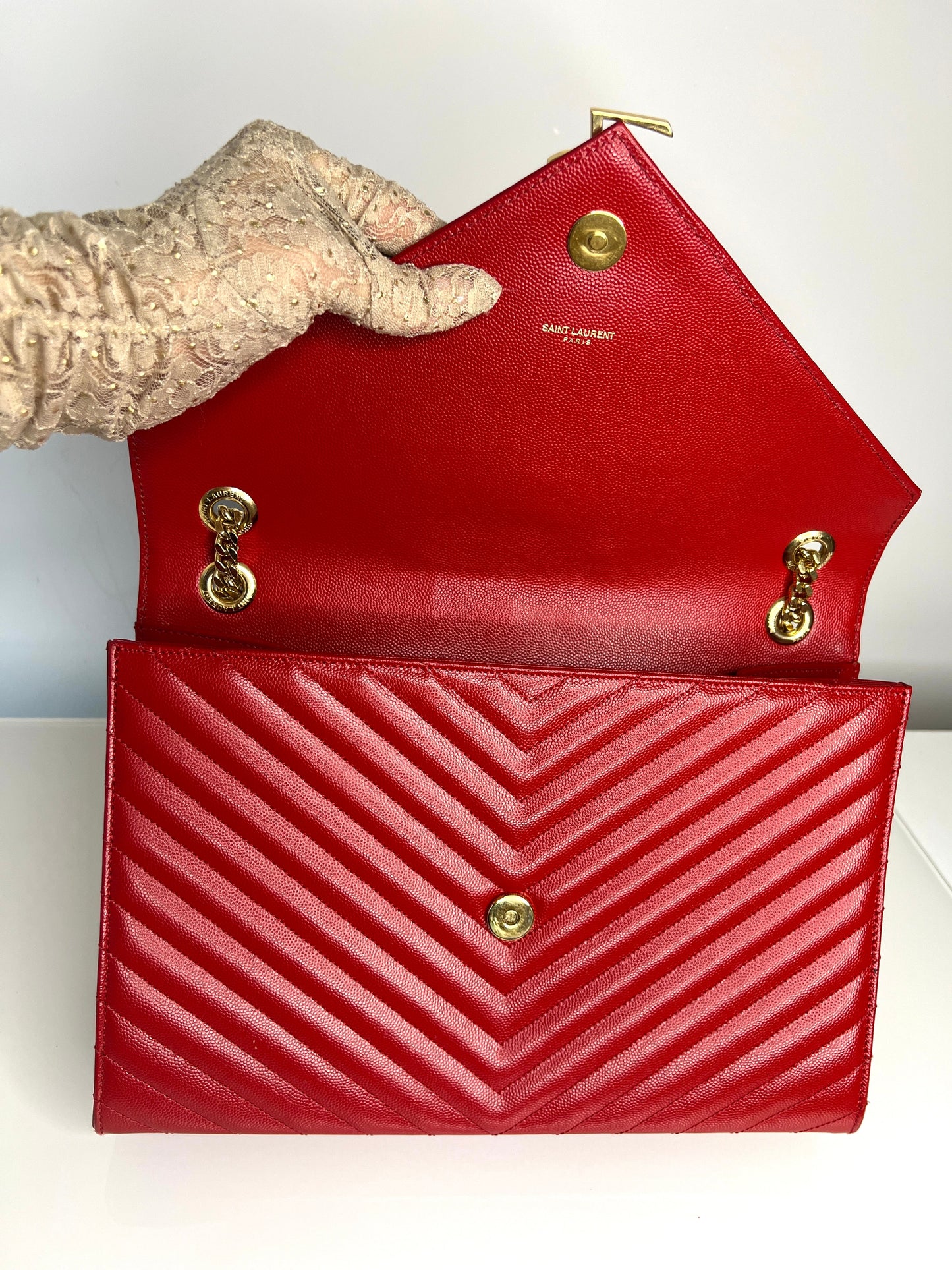 Saint Laurent YSL Pre-Loved Large Envelope Red Chevron Quilted Leather Shoulder Bag