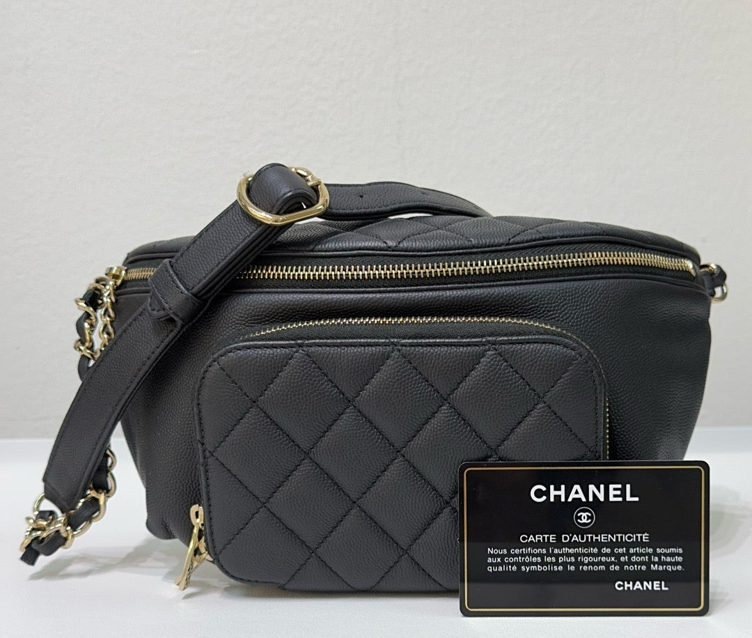 Chanel Black Quilted Caviar Leather Business Affinity Waist Belt Bag 27 holo card