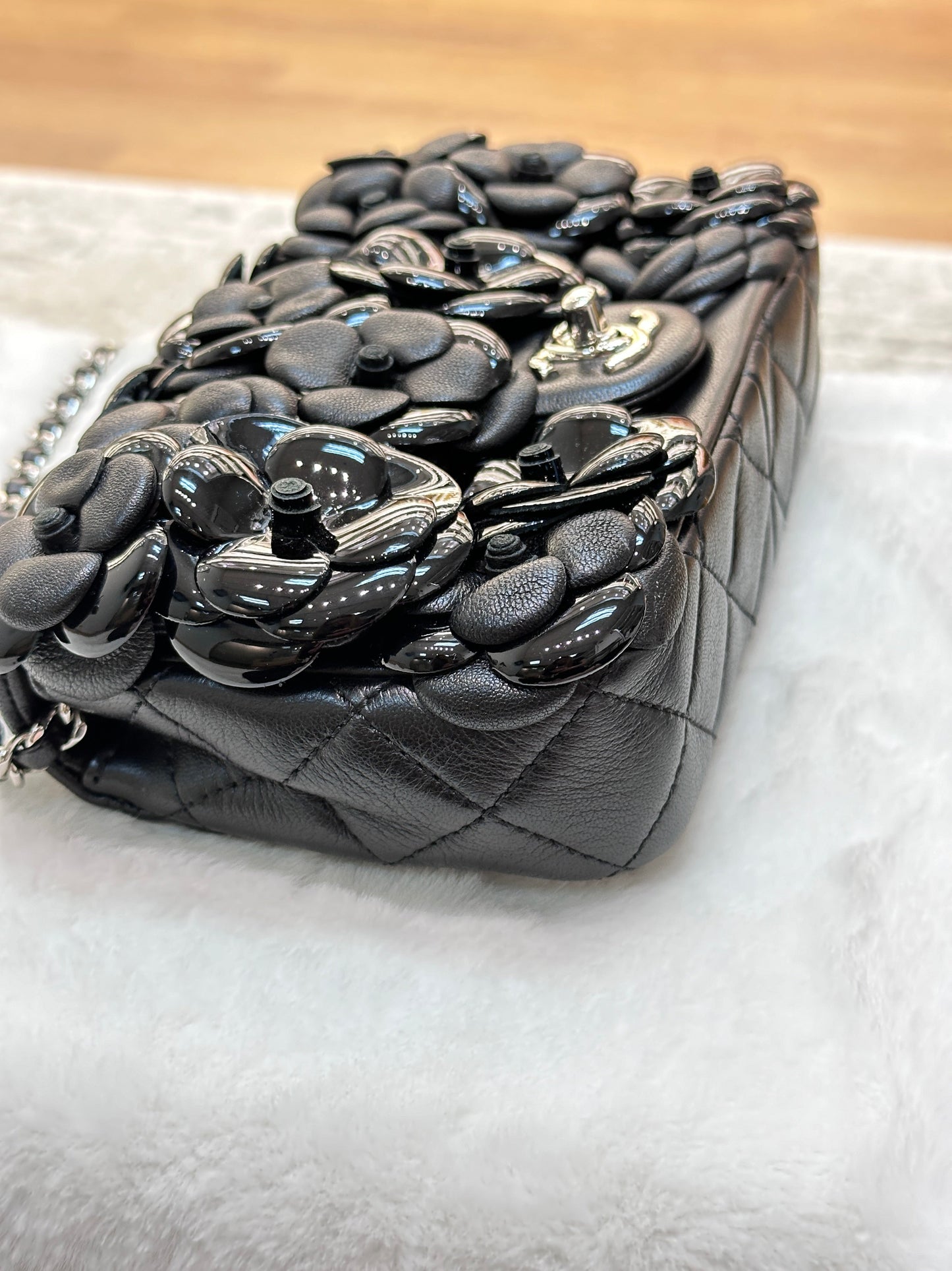 Chanel Limited Edition Black Camellia Mini Flap Bag.