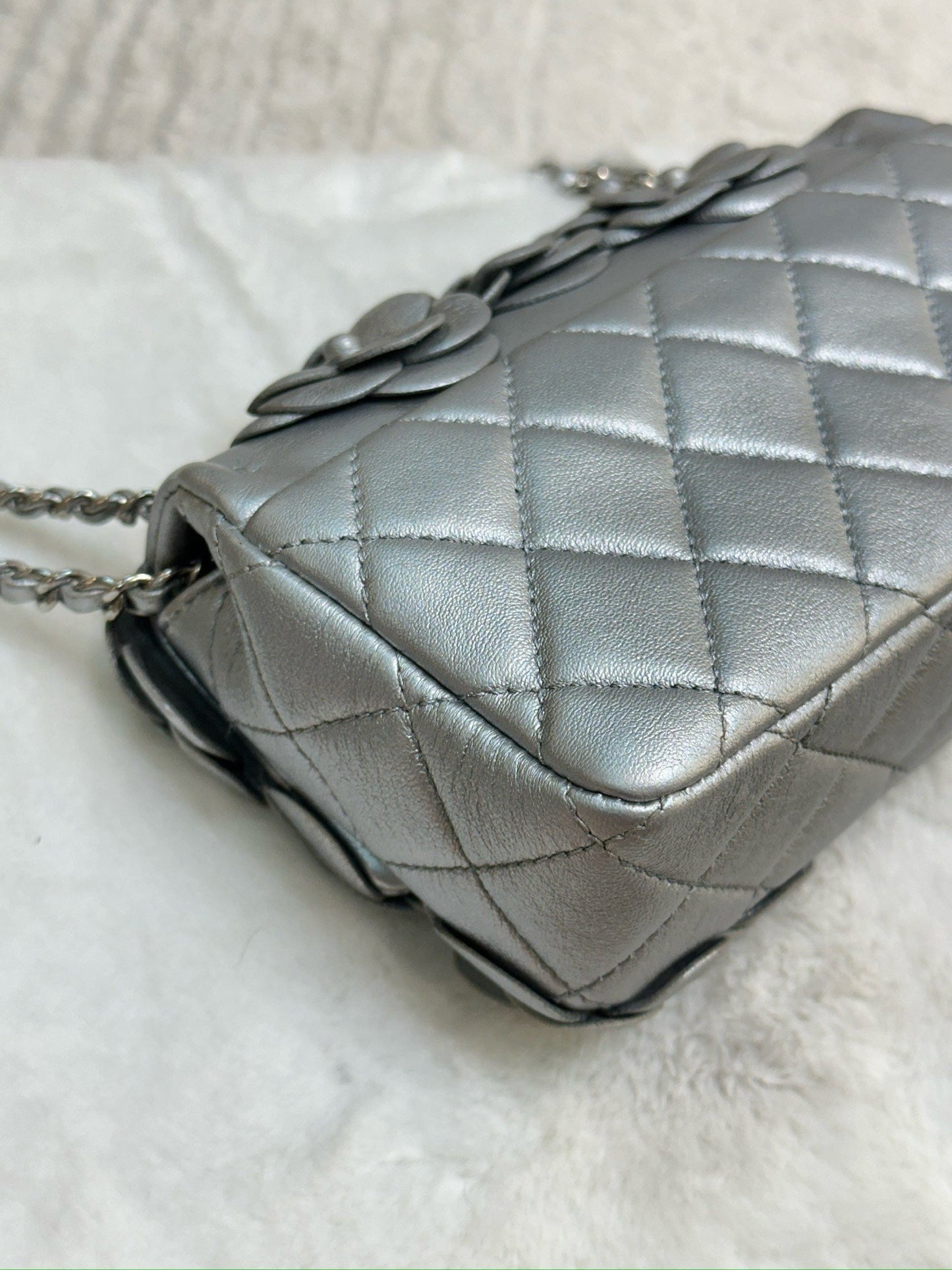 Chanel Mini Camellia Lambskin Shiny Silver SHW