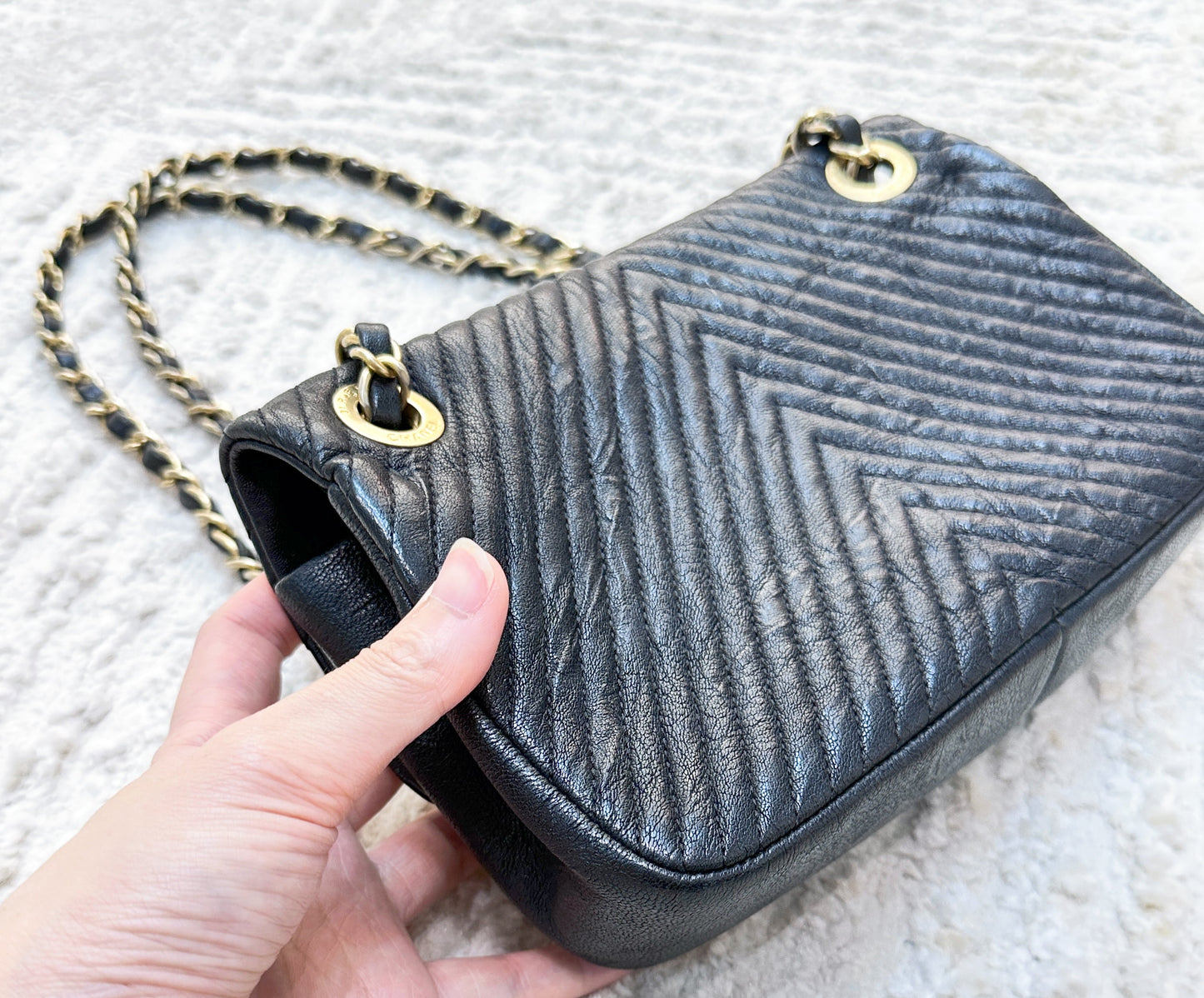 Chanel Black Chevron Leather Small Classic Flap Bag