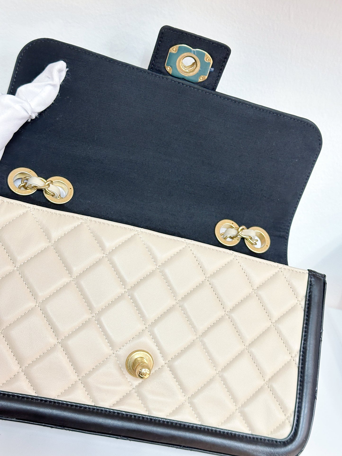 Chanel Medium Lambskin Quilted Elegant CC Flap Beige Black GHW