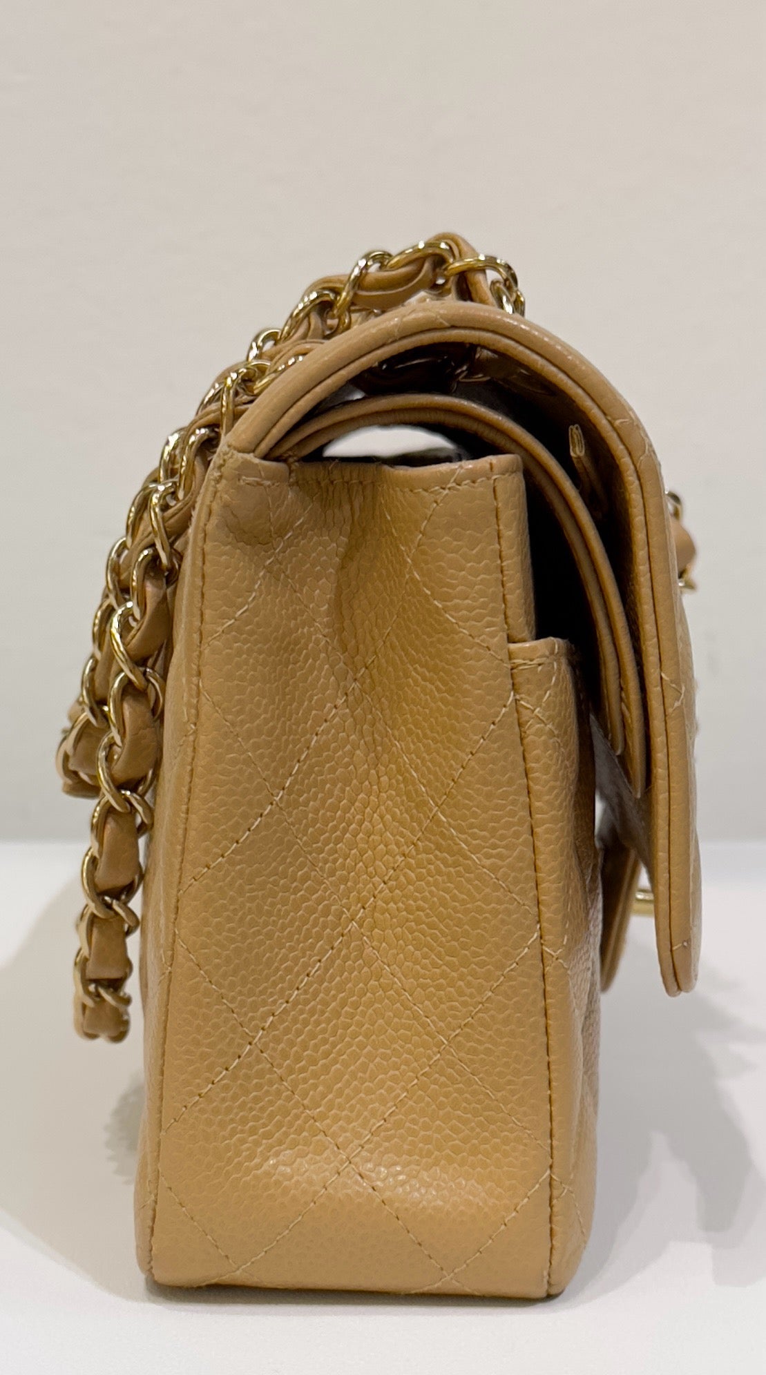 Chanel Medium Caviar Quilted Double Flap Beige Bag 866 Holo